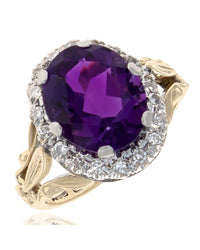 Oval Amethyst and Diamond Halo Open Shank Ring