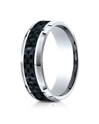 Gentlemen's Black Carbon Fiber Beveled Edge Comfort Fit Band in Tungsten