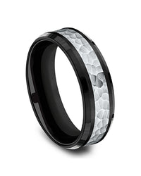 Gentlemen's Hammered Center Comfort Fit Band in Black Titanium and White Gold