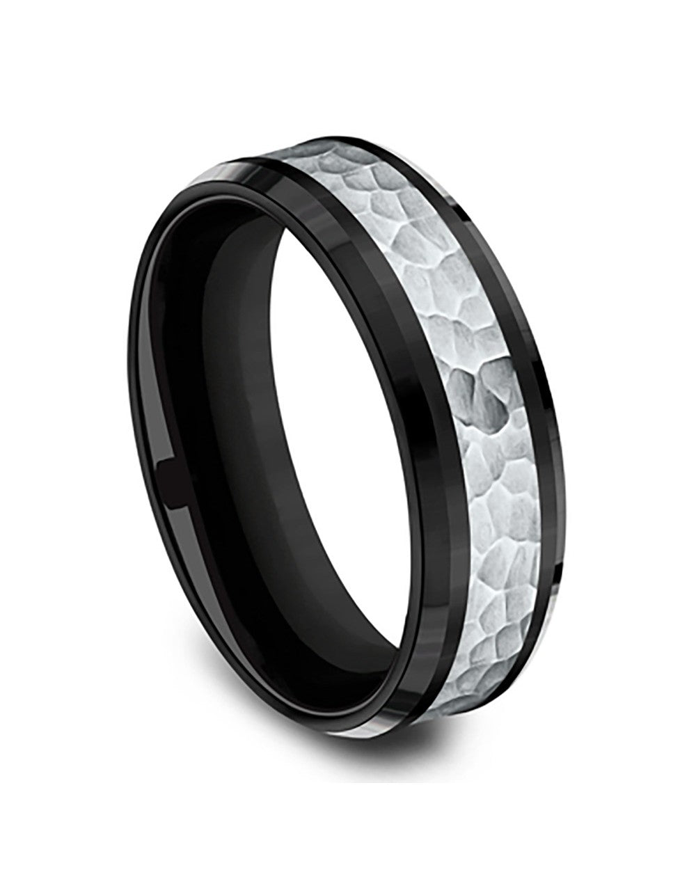 Gentlemen's Hammered Center Comfort Fit Band in Black Titanium and White Gold