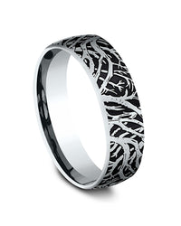 Gentlemen's Forest Branch Thin Edge Comfort Fit Band in Grey Tantalum and White Gold