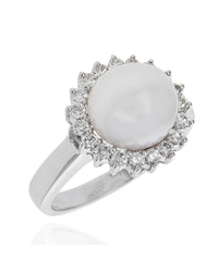 Pearl and Diamond Halo Ring