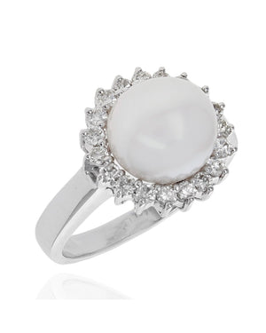 Pearl and Diamond Halo Ring