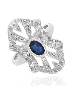 Sapphire and Diamond Elongated Open Ribbon Ring