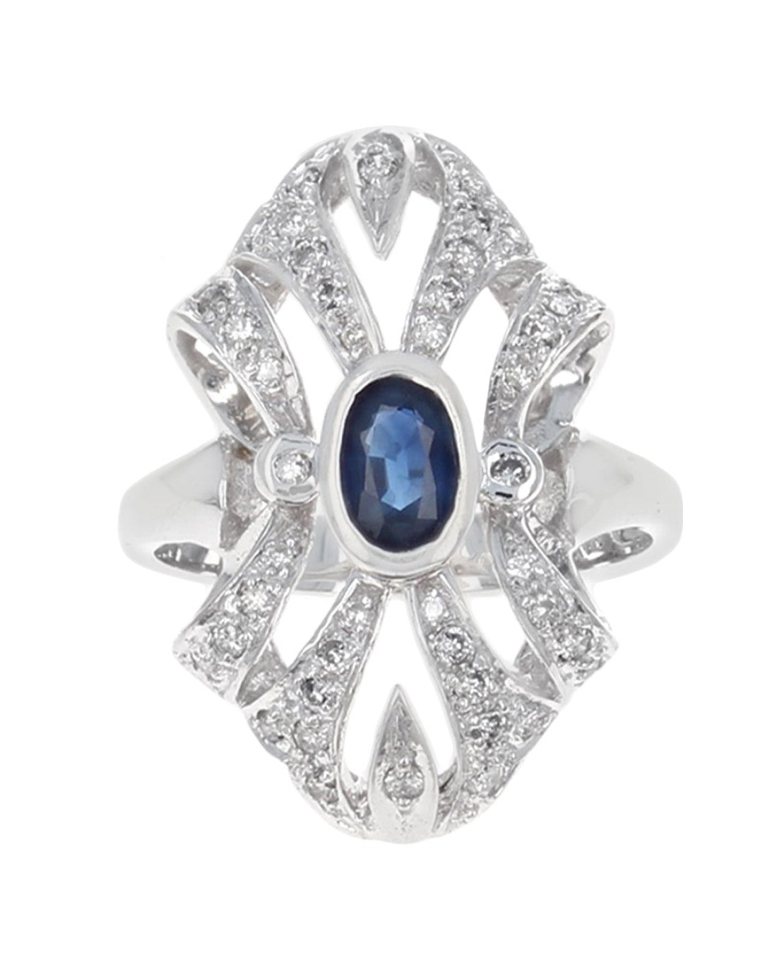Sapphire and Diamond Elongated Open Ribbon Ring