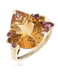 Citrine, Pink Tourmaline, and Diamond Accent Ring in Yellow Gold
