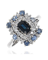 Blue Sapphire and Diamond Double Halo Ring in White Gold