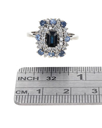 Blue Sapphire and Diamond Double Halo Ring in White Gold