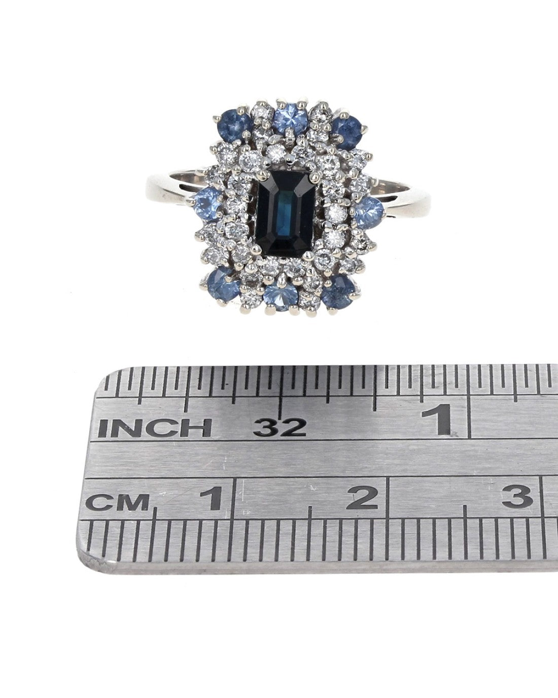 Blue Sapphire and Diamond Double Halo Ring in White Gold