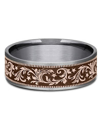 Gentlemen's Barrel Script Pattern Comfort Fit Band in Tantalum and Yellow Gold