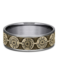Gentlemen's 12 Gauge Bullet Back Pattern Comfort Fit Band in Tantalum and Yellow Gold