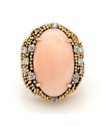 Coral Cabochon and Diamond Tapered Ring