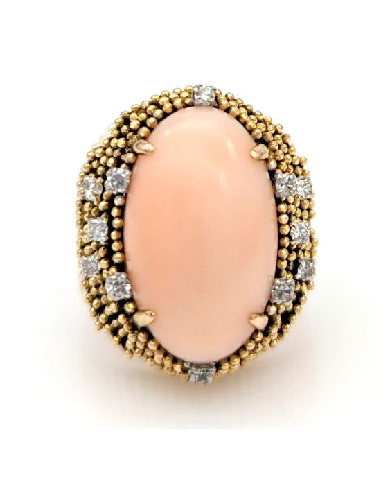 Coral Cabochon and Diamond Tapered Ring