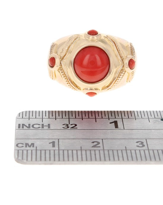 Coral Cabochon Milgrain Accent Ring in Yellow Gold