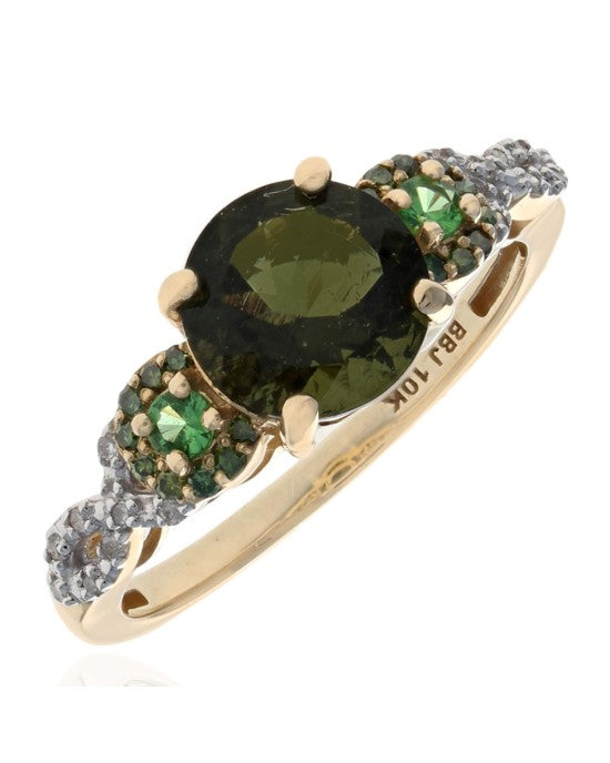 Moldavite, Garnet and Diamond Ring in Gold