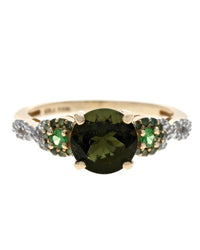 Moldavite, Garnet and Diamond Ring in Gold