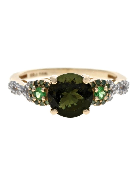 Moldavite, Garnet and Diamond Ring in Gold