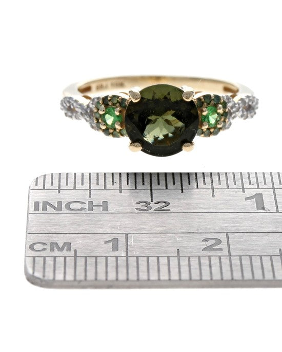 Moldavite, Garnet and Diamond Ring in Gold