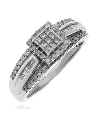 3 Row Diamond Halo Engagement Ring in White Gold