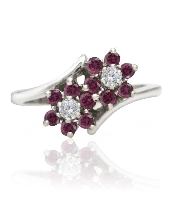 Ruby and Diamond Flower Bypass Ring in White Gold