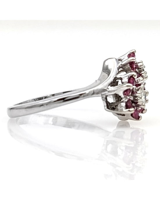 Ruby and Diamond Flower Bypass Ring in White Gold