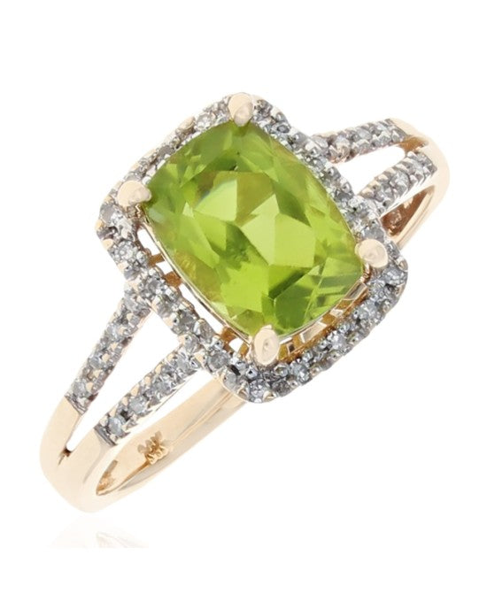 Peridot and Diamond Halo Ring in Yellow Gold