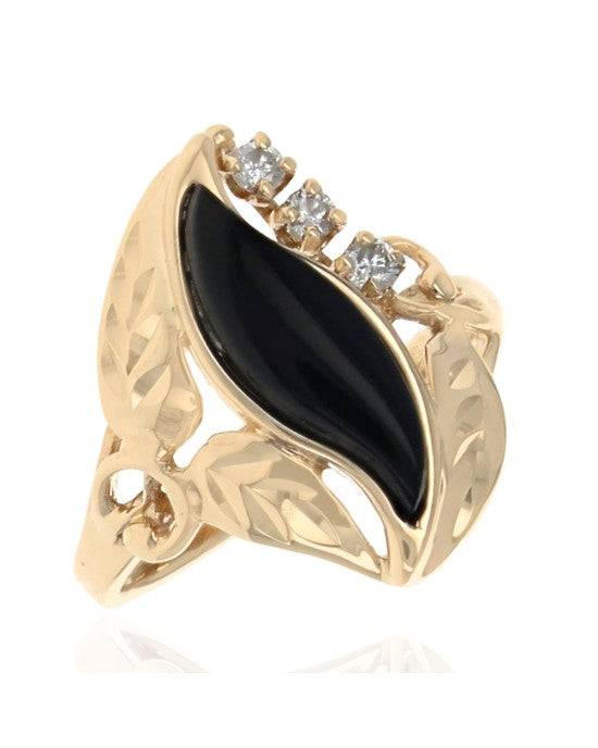 Black Coral and Diamond Foliate Motif Ring in Yellow Gold