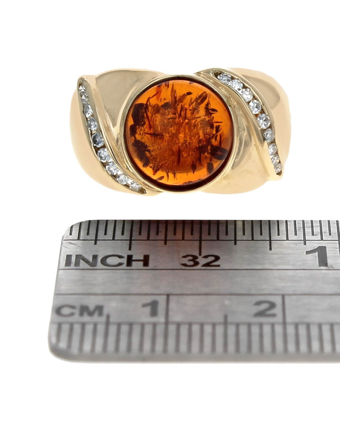 Gentlemans Amber Cabochon and Diamond Accent Ring