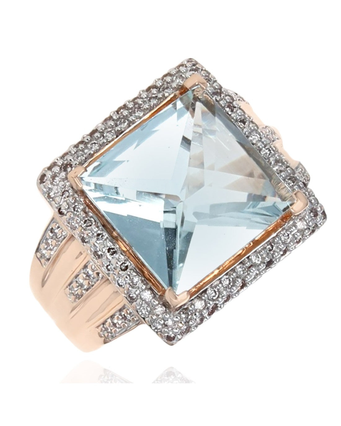 Checkerboard Aquamarine Cushion and Diamond Halo Ring