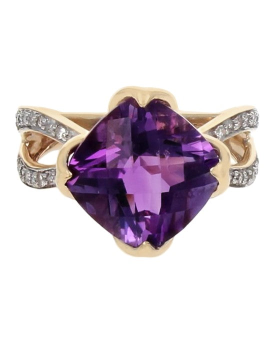 Amethyst Cushion and Diamond Split Shank Ring