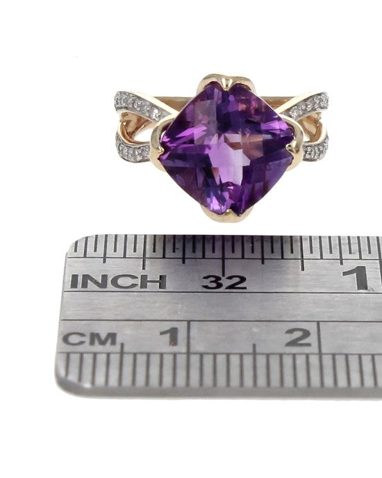 Amethyst Cushion and Diamond Split Shank Ring