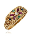 Ruby, Sapphire, Emerald and Diamond Scroll Accent Ring