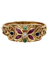 Ruby, Sapphire, Emerald and Diamond Scroll Accent Ring