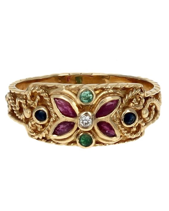 Ruby, Sapphire, Emerald and Diamond Scroll Accent Ring