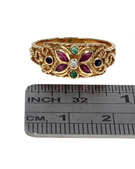 Ruby, Sapphire, Emerald and Diamond Scroll Accent Ring