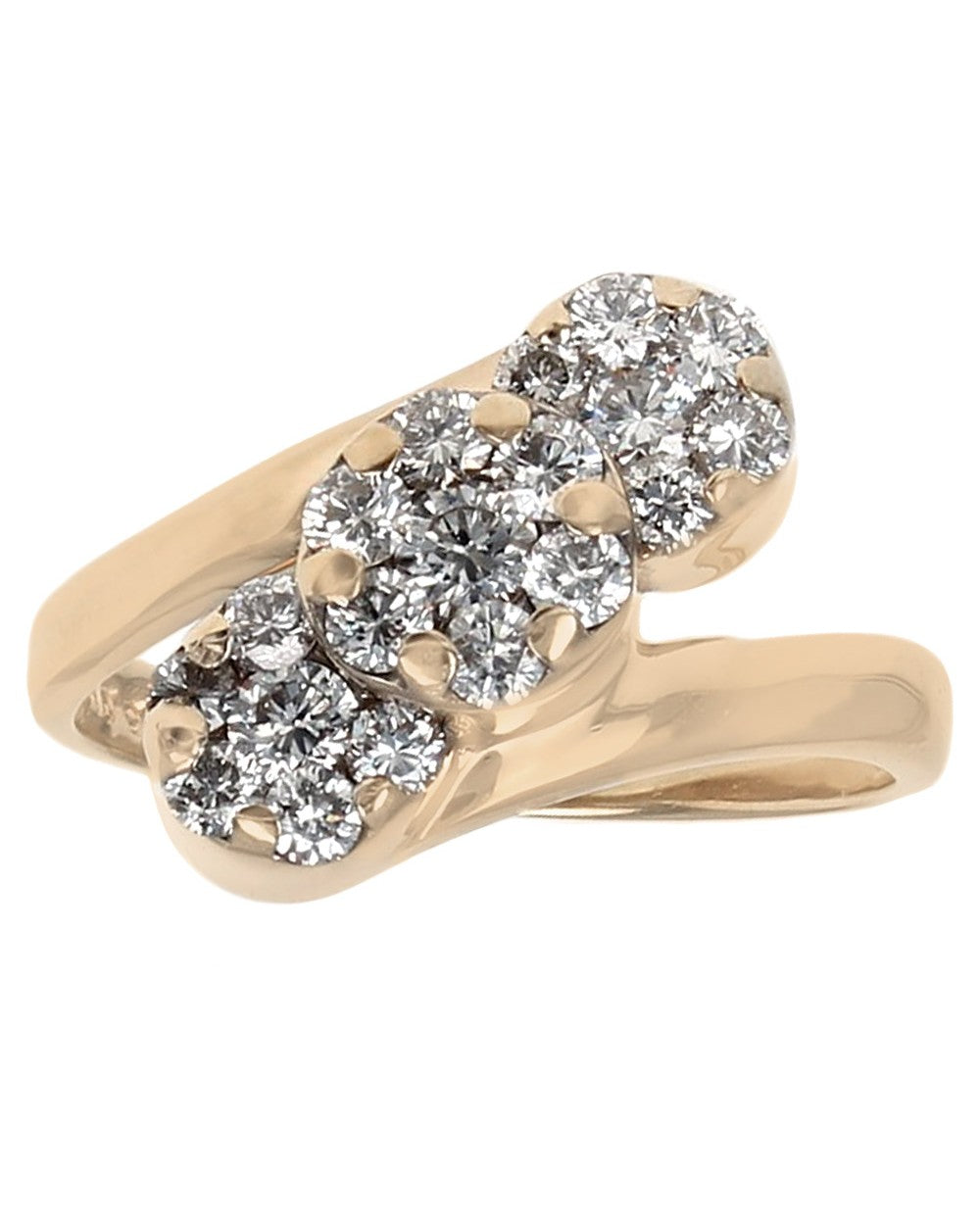Triple Cluster Diamond Bypass Ring in Yellow Gold