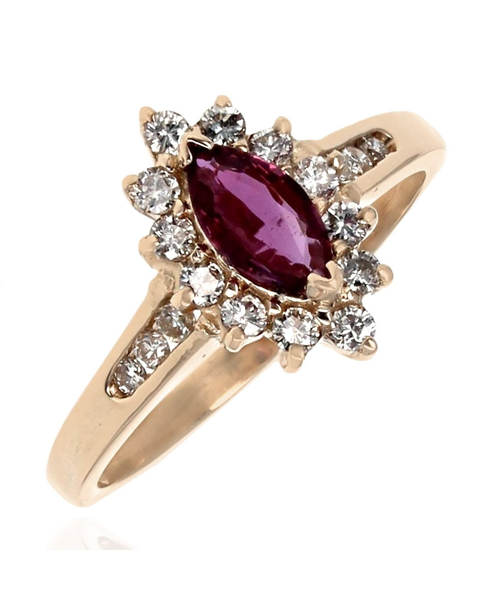 Ruby and Diamond Halo Ring in Yellow Gold