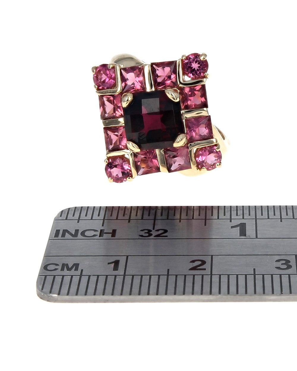 Garnet and Pink Tourmaline Kite Shape Ring in Yellow Gold