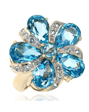 Swiss Blue Topaz Flower Ring in Yellow Gold