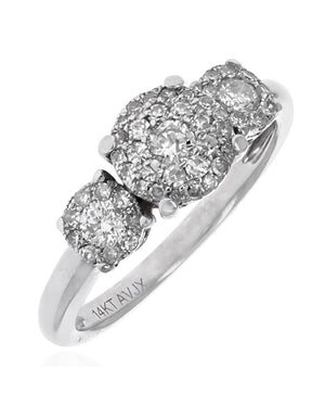 Diamond Halo Triple Cluster Engagement Ring in White Gold