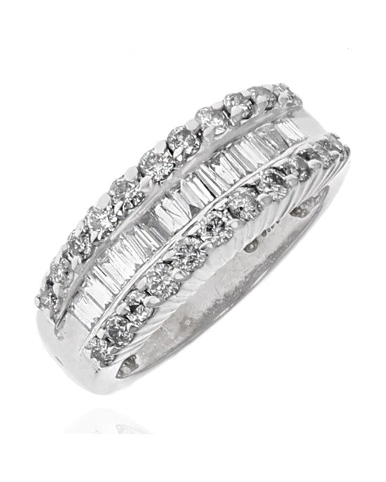 Alternating Three Row Diamond Tapered Ring in White Gold