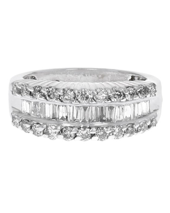 Alternating Three Row Diamond Tapered Ring in White Gold