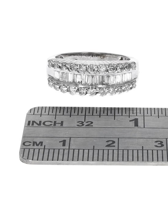 Alternating Three Row Diamond Tapered Ring in White Gold