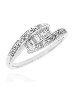 Round and Baguette Diamond Bypass Ring in White Gold