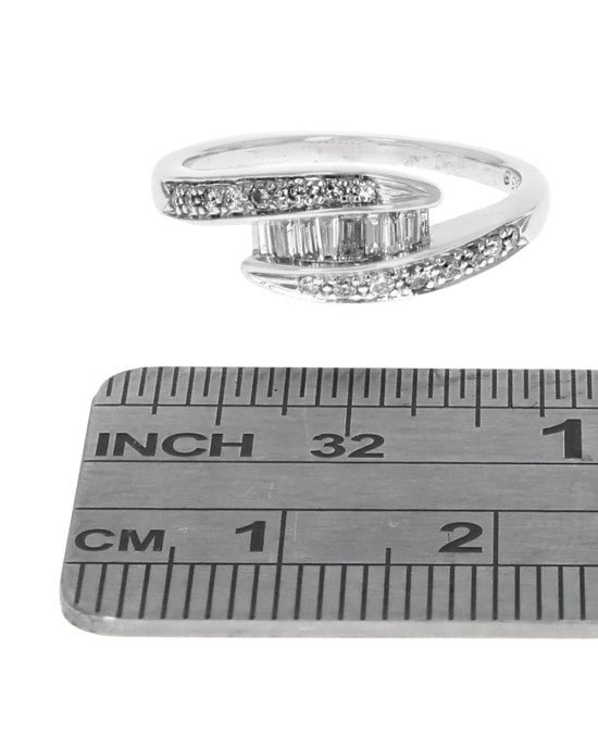 Round and Baguette Diamond Bypass Ring in White Gold