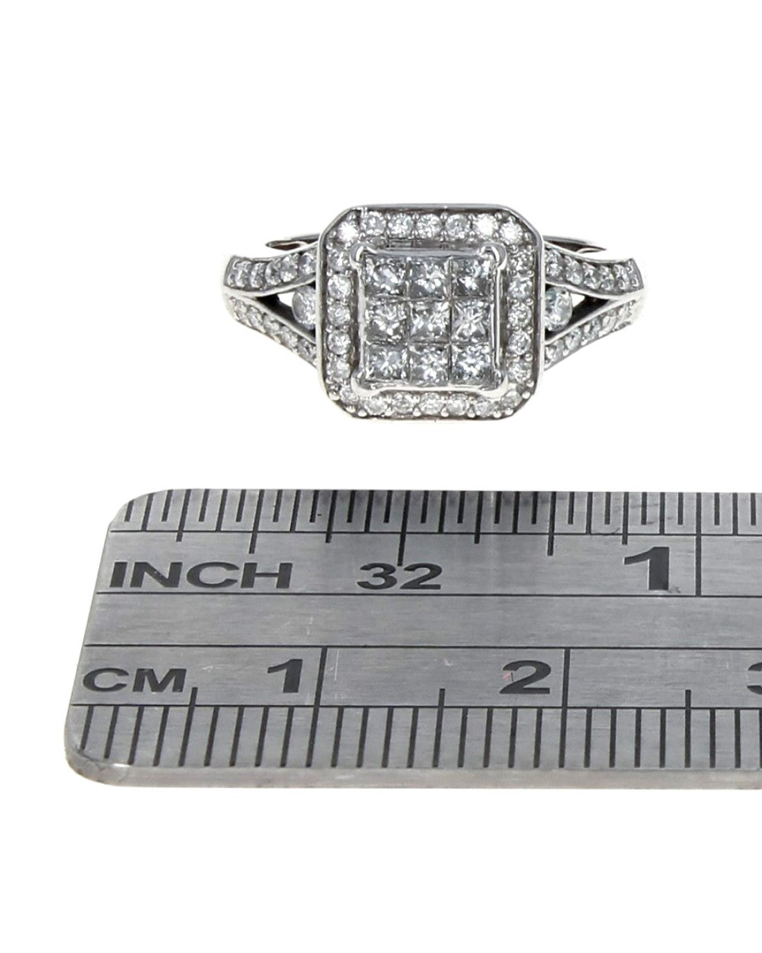 Diamond Square Halo Split Shank Engagement Ring in White Gold