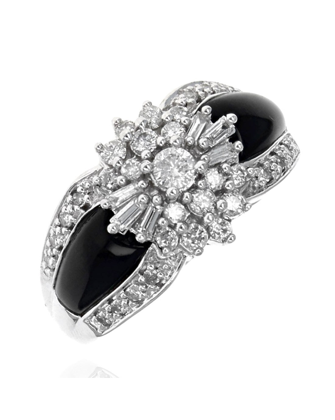 Black Onyx and Diamond Cluster Fashion Ring in White Gold