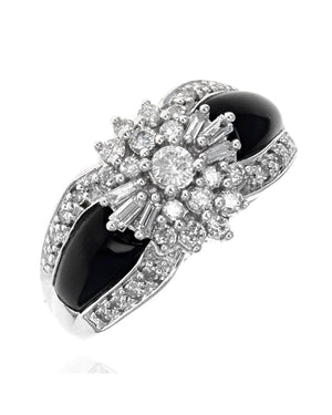 Black Onyx and Diamond Cluster Fashion Ring in White Gold