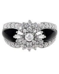 Black Onyx and Diamond Cluster Fashion Ring in White Gold