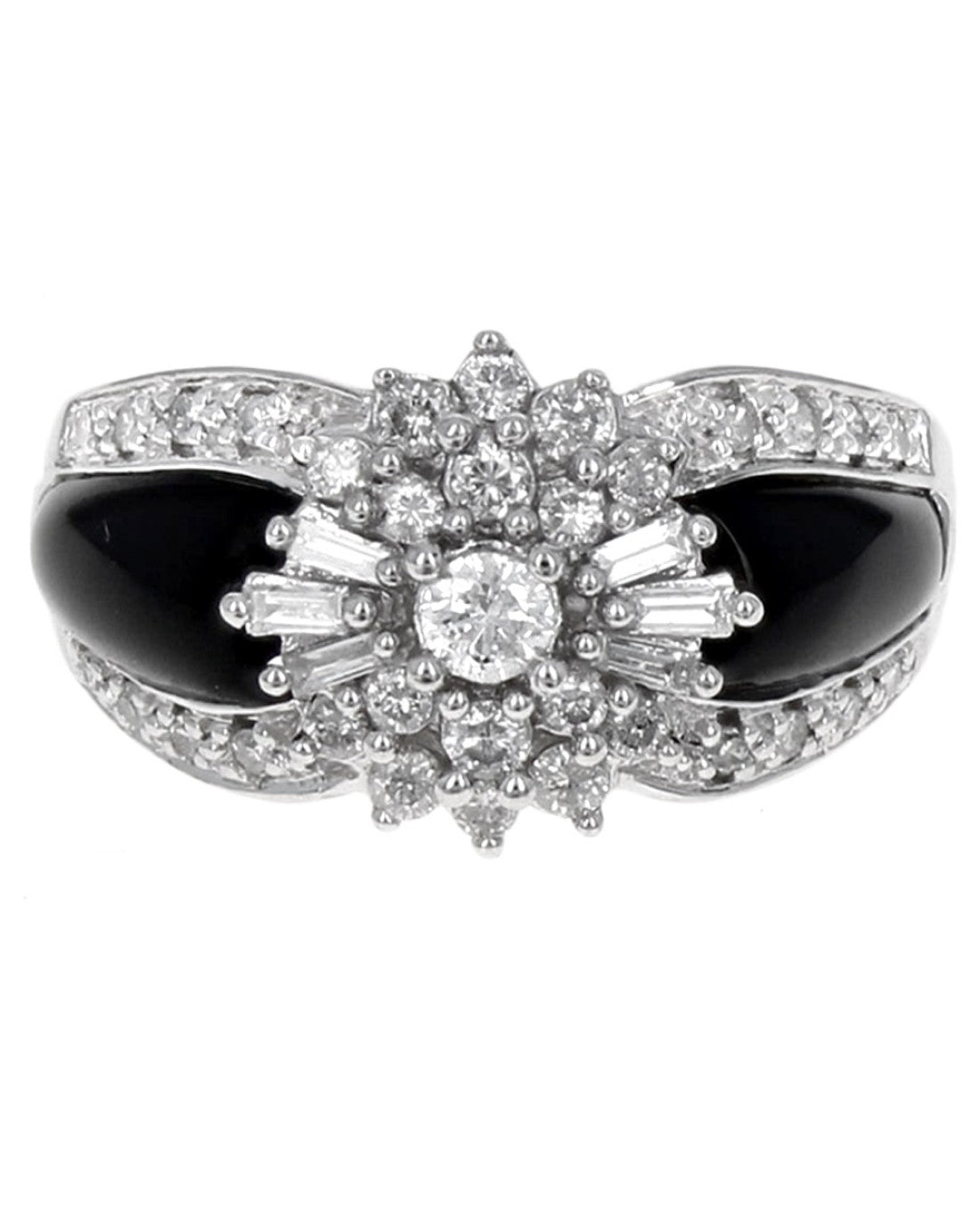 Black Onyx and Diamond Cluster Fashion Ring in White Gold